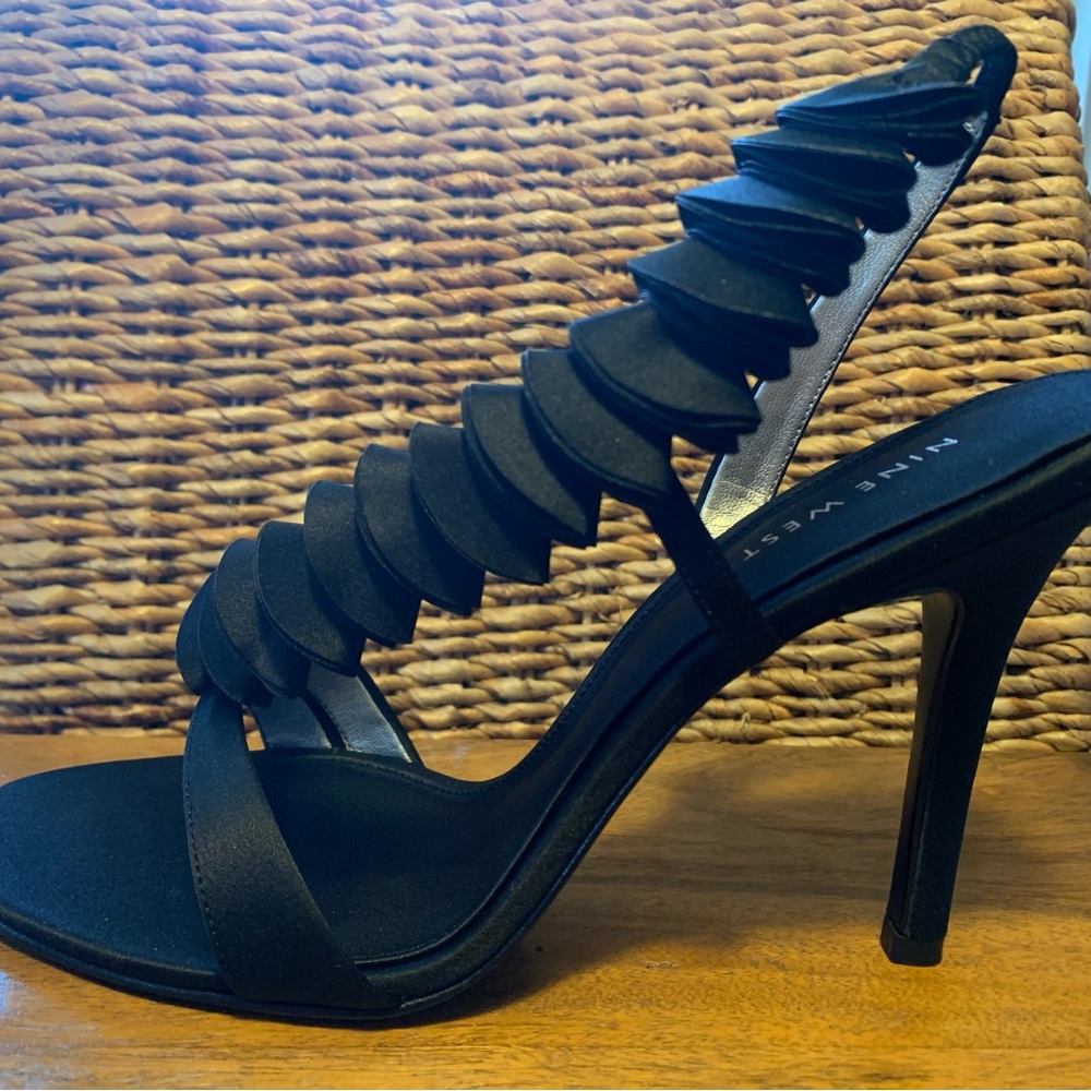 Nine West, Dressy, FluffyX3, Ruffle Black Satin Strappy Heels 9.5M